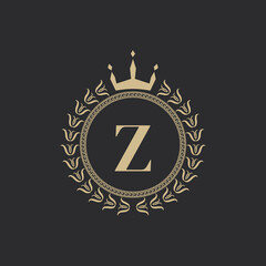 Fototapeta premium Initial Letter Z Heraldic Royal Frame with Crown and Laurel Wreath. Simple Classic Emblem. Round Composition. Graphics Style. Art Elements for Logo Design Vector Illustration