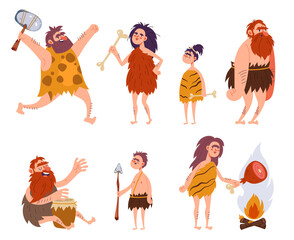 Cavemen barbarian family tribe characters isolated set. Vector flat graphic design cartoon illustration