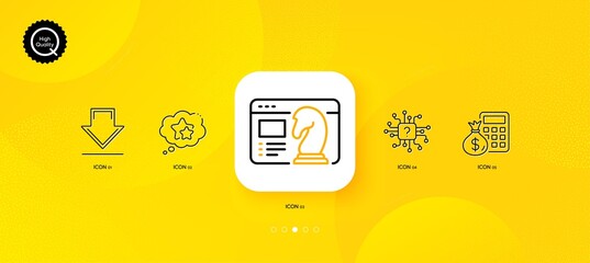 Fototapeta na wymiar Seo strategy, Ranking stars and Downloading minimal line icons. Yellow abstract background. Finance calculator, Artificial intelligence icons. For web, application, printing. Vector