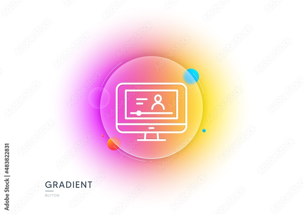 Poster online video education line icon. gradient blur button with glassmorphism. computer with online lect