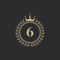 Number 6 Heraldic Royal Frame with Crown and Laurel Wreath. Simple Classic Emblem. Round Composition. Graphics Style. Art Elements for Logo Design Vector Illustration