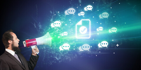 Young person with megaphone and business icon