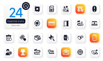 Set of Business flat icons. Financial goal, Recovery trash and Scroll down elements for web application. Cogwheel settings, Smartphone recovery, Credit card icons. Reject mail, Reject. Vector