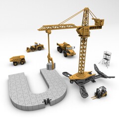 3D illustration of the letter U puzzle with construction machinery