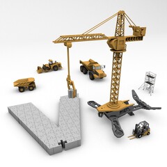 3D illustration of the letter V puzzle with construction machinery