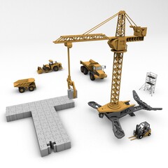 3D illustration of the letter T puzzle with construction machinery