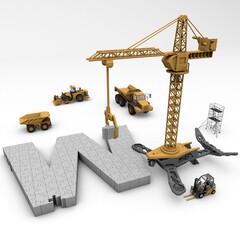 3D illustration of the letter W puzzle with construction machinery