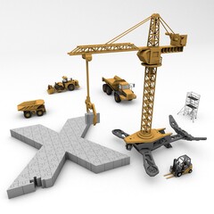 3D illustration of the letter X puzzle with construction machinery