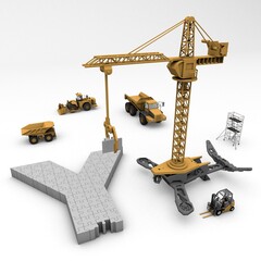 3D illustration of the letter Y puzzle with construction machinery