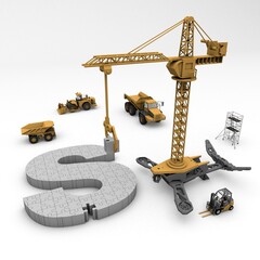 3D illustration of the letter S puzzle with construction machinery