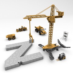3D illustration of the letter Z puzzle with construction machinery