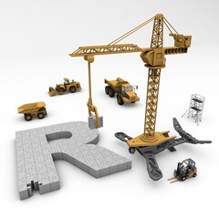 3D illustration of the letter R puzzle with construction machinery