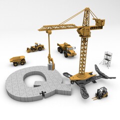 3D illustration of the letter Q puzzle with construction machinery