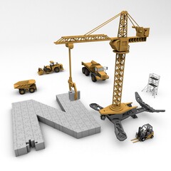 3D illustration of the letter N puzzle  with construction machinery
