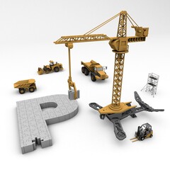 3D illustration of the letter P puzzle with construction machinery