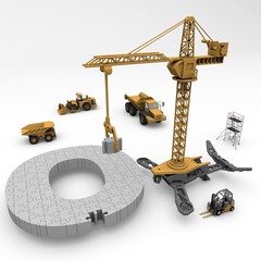 3D illustration of the letter O puzzle with construction machinery