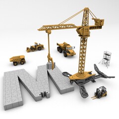 3D illustration of the letter M puzzle with construction machinery