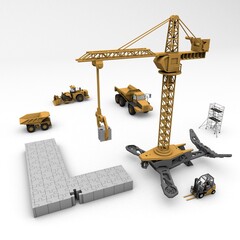3D illustration of the letter L puzzle with construction machinery