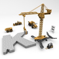 3D illustration of the letter K puzzle with construction machinery