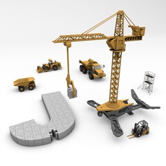 3D illustration of the letter J puzzle with construction machinery