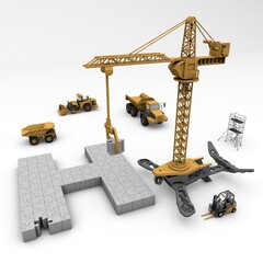 3D illustration of the letter H puzzle with construction machinery