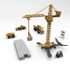 3D illustration of the letter I puzzle with construction machinery