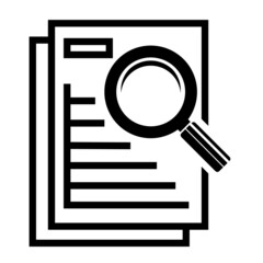 Audit, analytics, document analysis. Report on the results of the documentation check. A sheet of paper is examined with a magnifying glass. Solid black vector icon isolated on white background