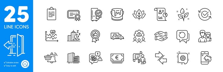 Outline icons set. Stress, Certificate and Entrance icons. Organic tested, Report, Plan web elements. Approved, Notification cart, Euro currency signs. Positive feedback, Paint, Couple. Vector