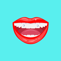 Teeth piercing with diamonds. Female mouth with snow-white teeth. Smile piercing. Decoration of teeth with jewelry stones, gem. Aesthetic dentistry. Vector illustration