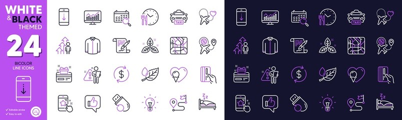 Statistics, Scroll down and Flight sale line icons for website, printing. Collection of Payment card, Flash memory, Search employee icons. Usd exchange, Metro map. Bicolor outline icon. Vector