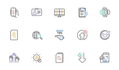 Search files, Voting hands and Video conference line icons for website, printing. Collection of Tutorials, Innovation, Food order icons. Id card, Web search, Privacy policy web elements. Vector