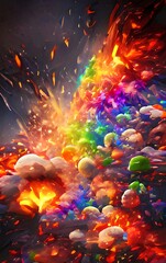Rainbow firework explosion with colorful smoke and splashes