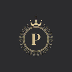 Initial Letter P Heraldic Royal Frame with Crown and Laurel Wreath. Simple Classic Emblem. Round Composition. Graphics Style. Art Elements for Logo Design Vector Illustration