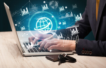 Business hand working on laptop, successful business concept