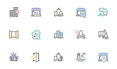 Open door, Lighthouse and Skyscraper buildings line icons for website, printing. Collection of Plan, Food market, Market location icons. Build, Distribution, Entrance web elements. Vector