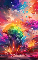 Rainbow firework explosion with colorful smoke and splashes