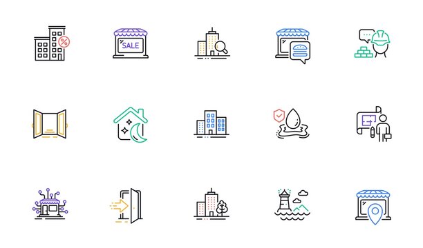 Open door, Lighthouse and Skyscraper buildings line icons for website, printing. Collection of Plan, Food market, Market location icons. Build, Distribution, Entrance web elements. Vector