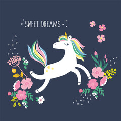 Vector cartoon card with unicorn and flowers