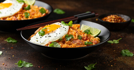 Kimchi fried rice with fried egg and bacon. Korean food