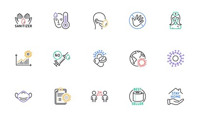 Coronavirus line icons set. Washing hands hygiene, medical mask, protective glasses. Stay home, hands sanitizer, coronavirus epidemic mask icons. Vector