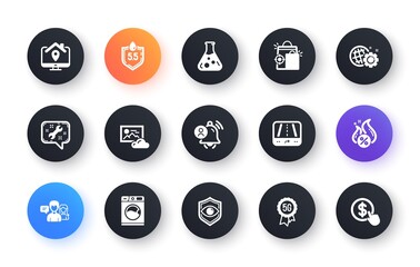 Minimal set of Seo gear, Eye detect and Chemistry lab flat icons for web development. 5g technology, People talking, Seo shopping icons. Washing machine, Photo cloud, Work home web elements. Vector