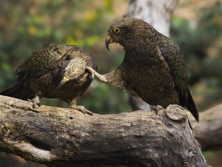 Nestor kea parrots teasing each other. Nestor nobilis.   