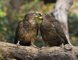 Couple of nestor kea parrots fighting. Nestor notabilis.