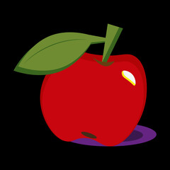 Red apple with green leaf on black background