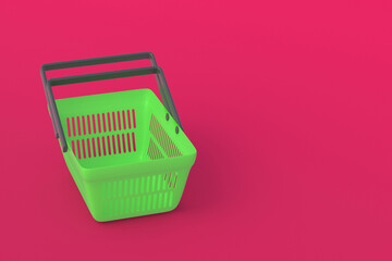 Purchase, sale of goods. Retail. Big discounts. Profitable proposition. Announcement of the appearance of a new goods. Empty shopping basket on red background. Copy space. 3d render