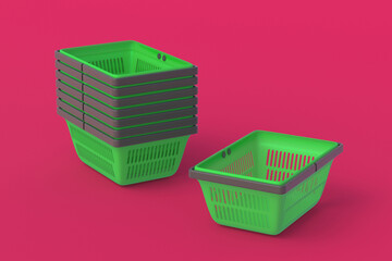Announcement of the appearance of a new goods. Retail. Purchase, sale of goods. Big discounts. Profitable proposition. Empty shopping baskets on red background. 3d render