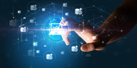 Businessman hand pressing stock graphic information on multitouch screen