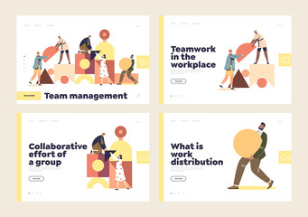 Teamwork and collaboration at workplace concept of landing pages set with people work in team - obrazy, fototapety, plakaty