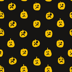 Seamless pattern of glowing halloween pumpkins on black background. Scary and funny faces. Cute Pumpkin or ghost. Vector autumn holidays illustration