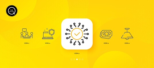 Loyalty points, Ceiling lamp and Security network minimal line icons. Yellow abstract background. Computer security, People chatting icons. For web, application, printing. Vector